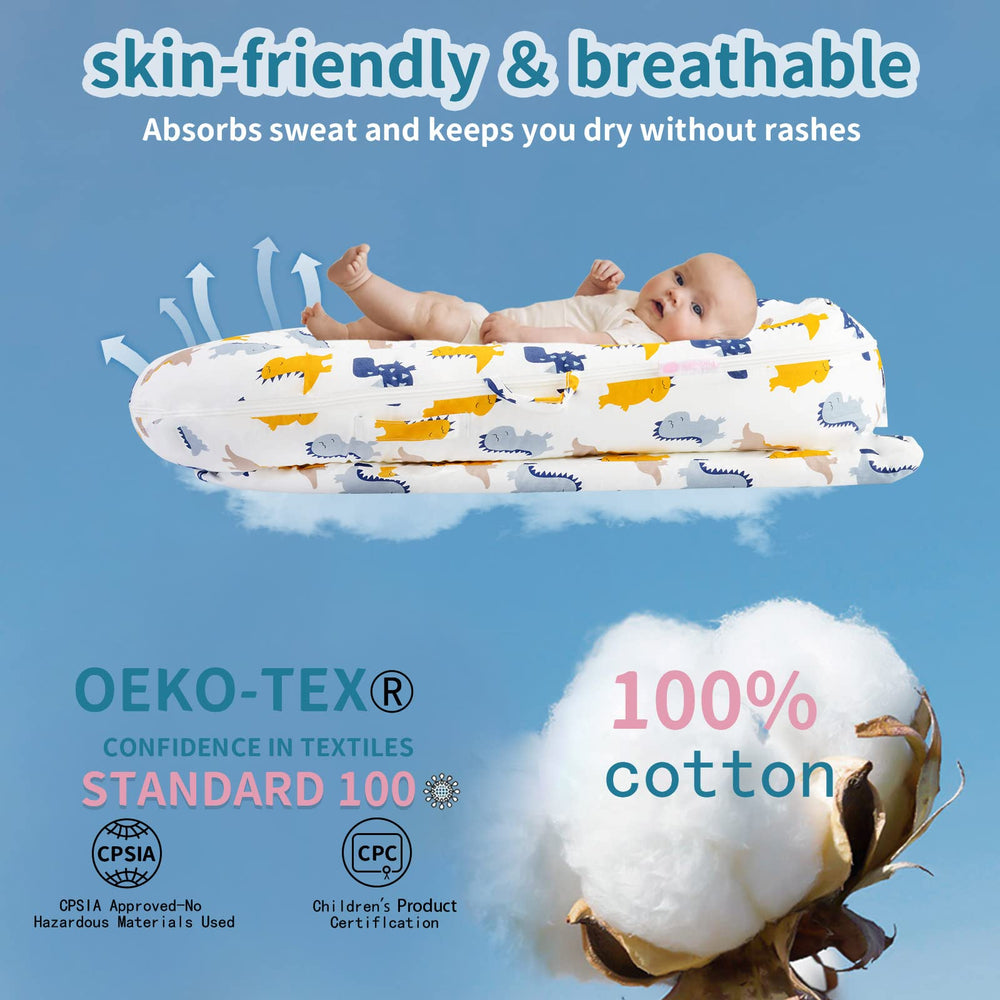 Pucmaoci baby lounger cover dino soft cotton close-up highlighting breathable fabric
