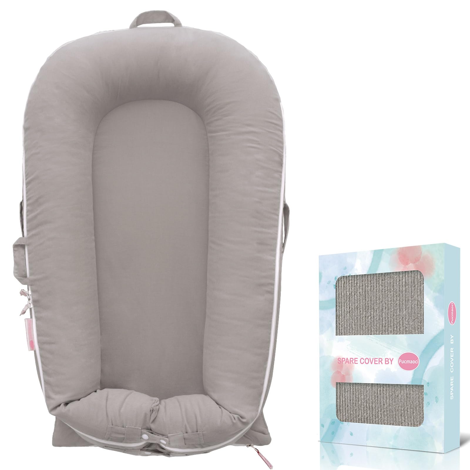 Pucmaoci corduroy cover for DockATot Deluxe gray; soft, skin-friendly surface for baby comfort.