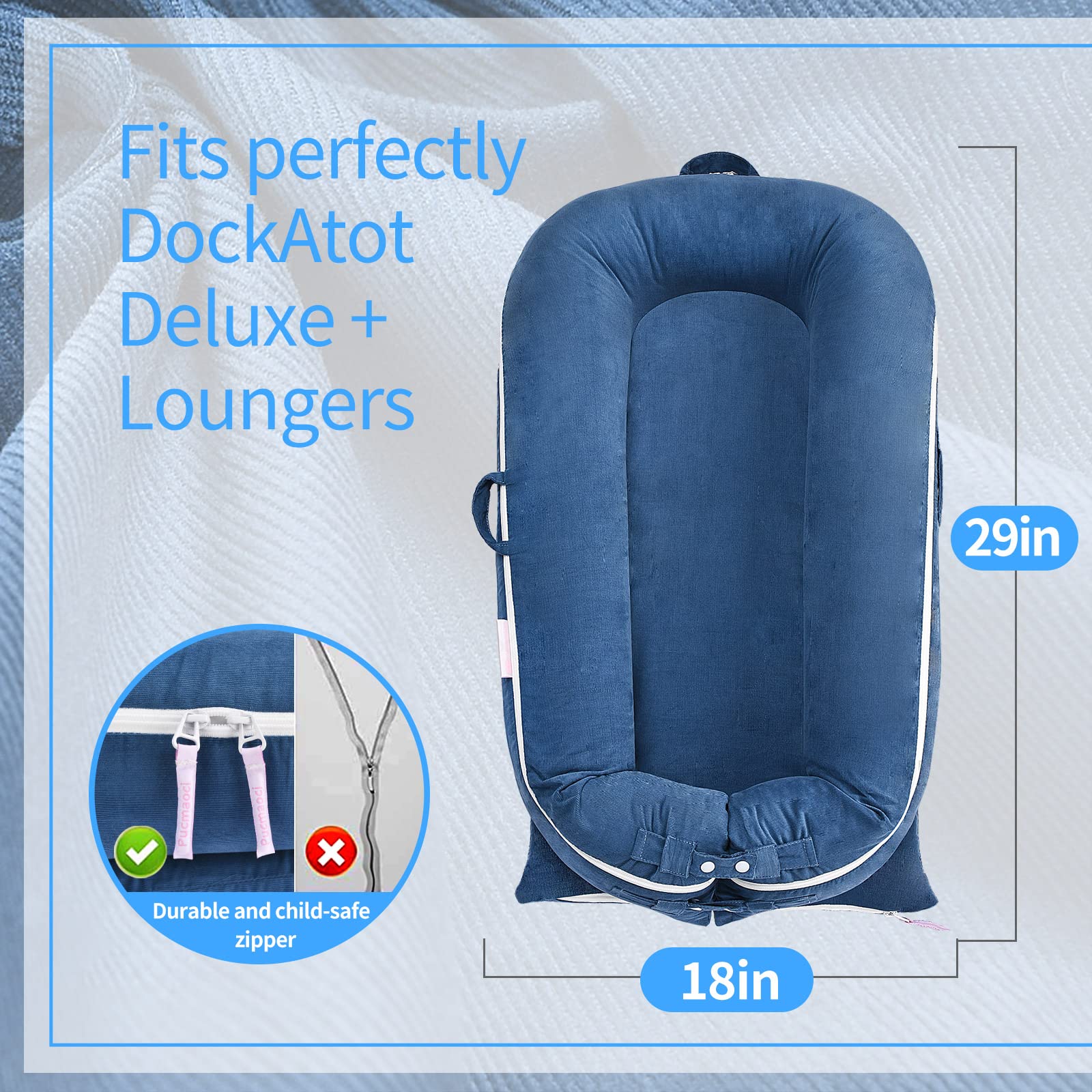 Perfectly fitted DockATot Deluxe+ cover for snug, secure placement.