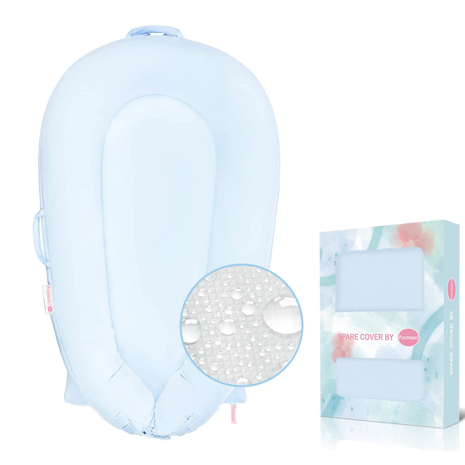 Pucmaoci organic replacement cover on DockATot Deluxe+ blue folded for storage