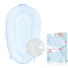 Pucmaoci organic replacement cover on DockATot Deluxe+ blue folded for storage