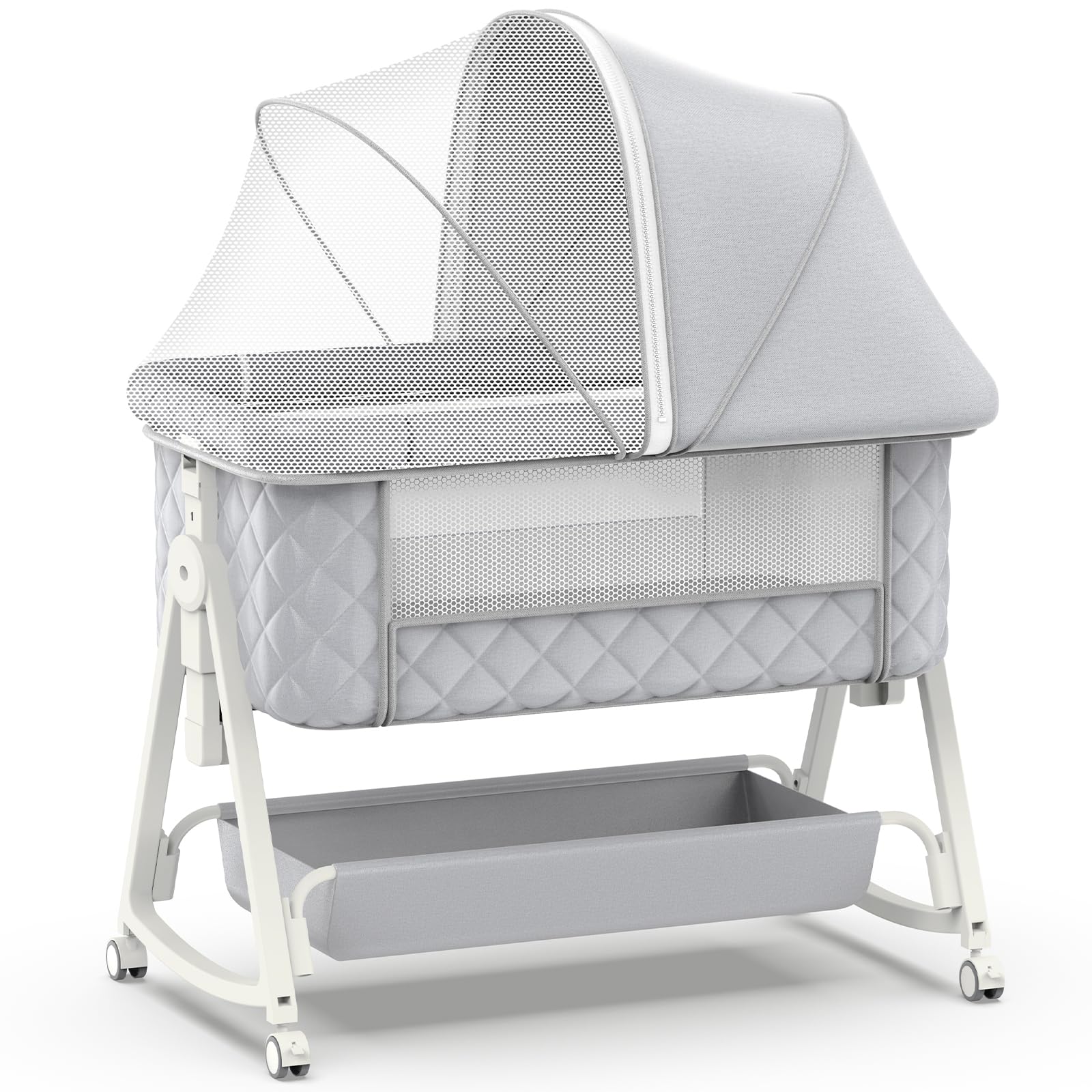 Pudult baby bassinet bedside-sleeper beside bed for easy nighttime care.