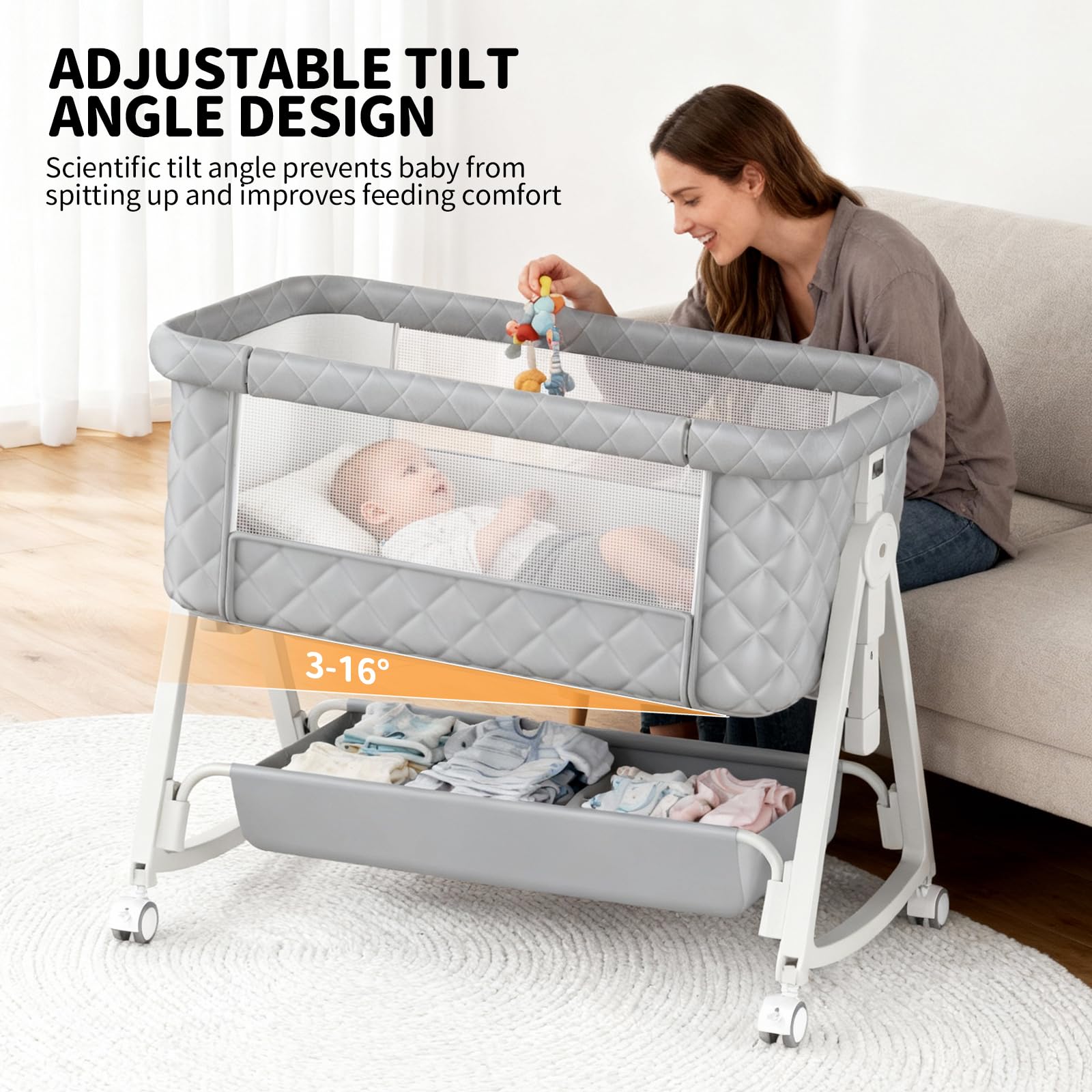 Pudult baby bassinet breathable-mesh walls ensure airflow and visibility.