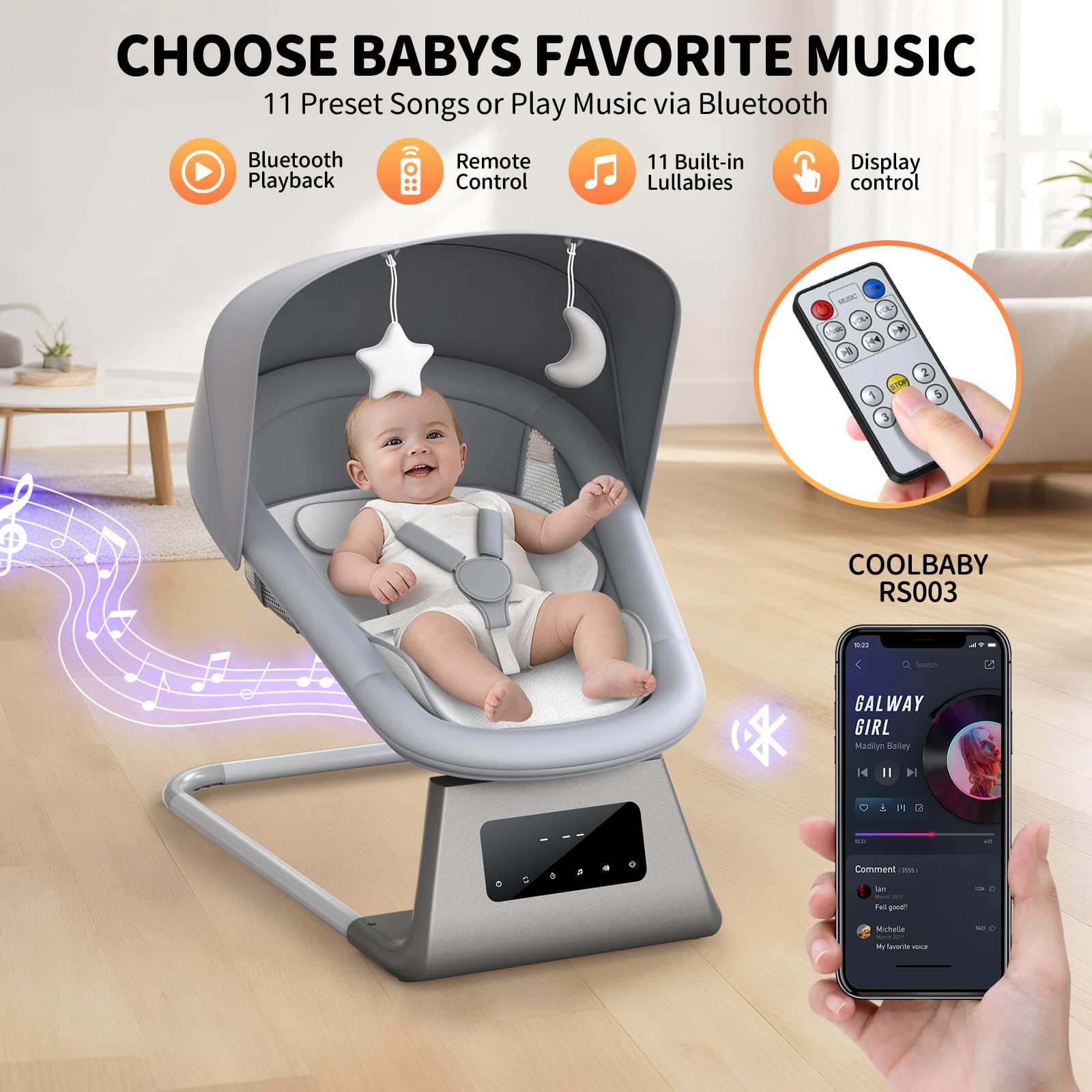 Pudult Baby Swing Bluetooth remote enables hands-free adjustments