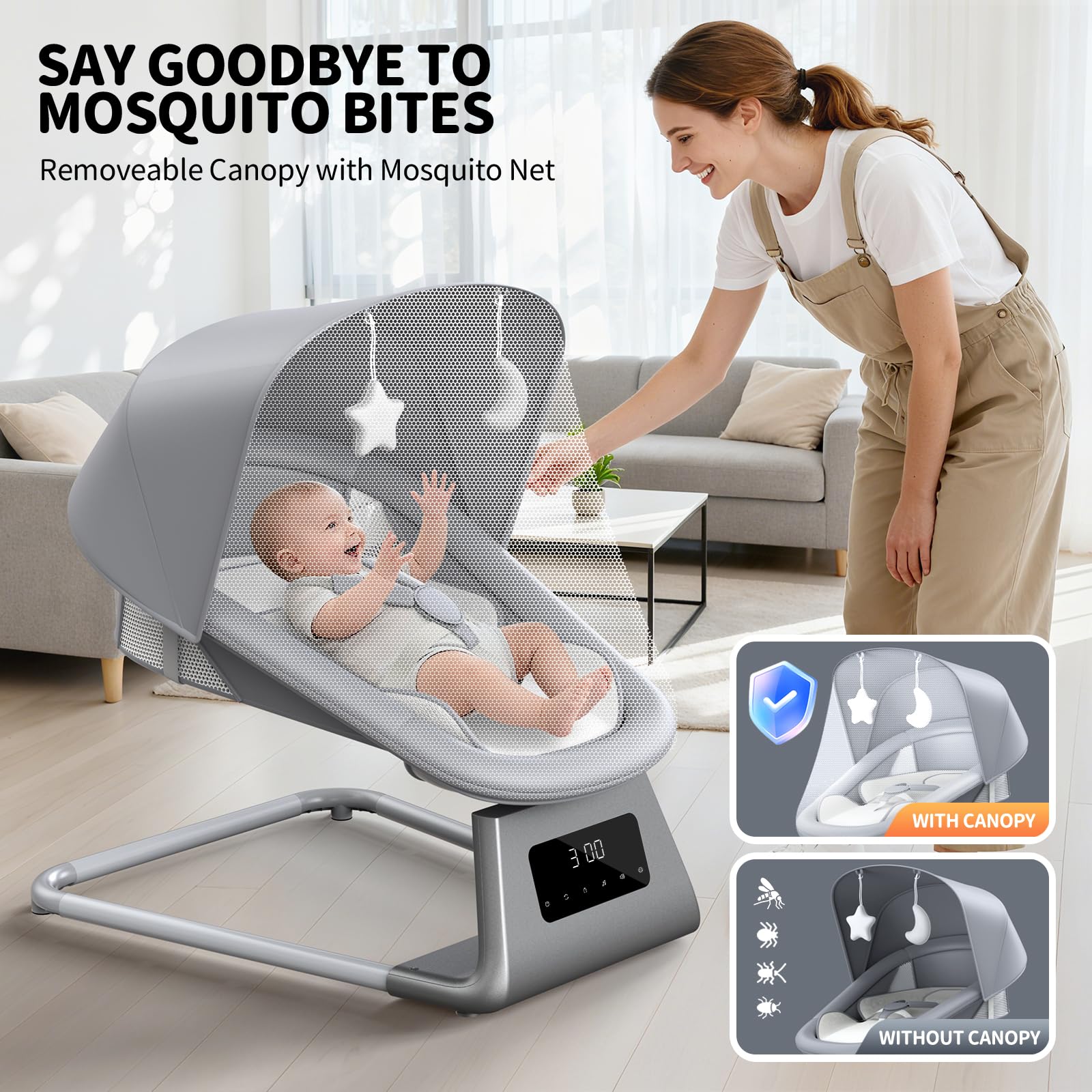 Pudult Baby Swing includes two soft toys for visual and tactile soothing
