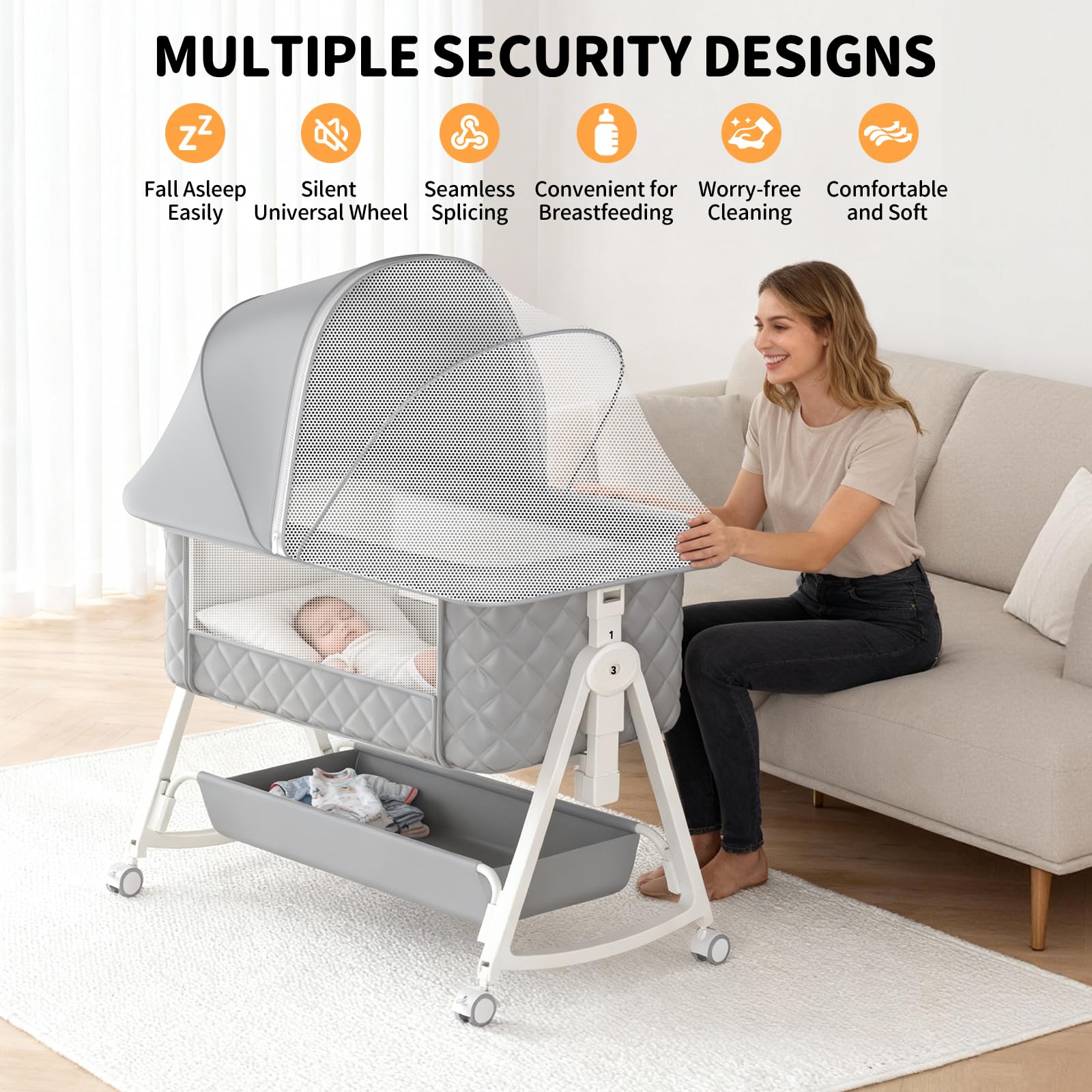 Pudult bassinet-360-wheels enables smooth room-to-room movement.