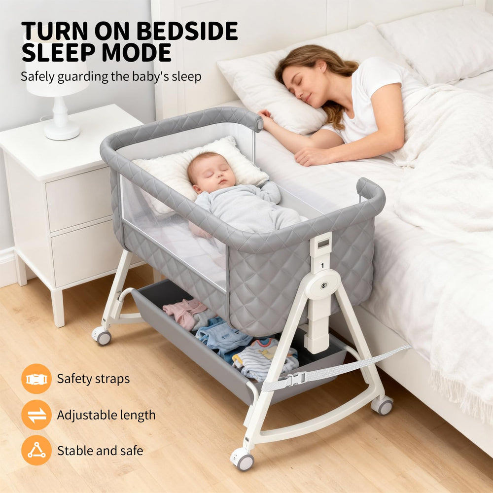 Pudult bassinet 6-height-adjustment aligns with most beds for flexible setup.