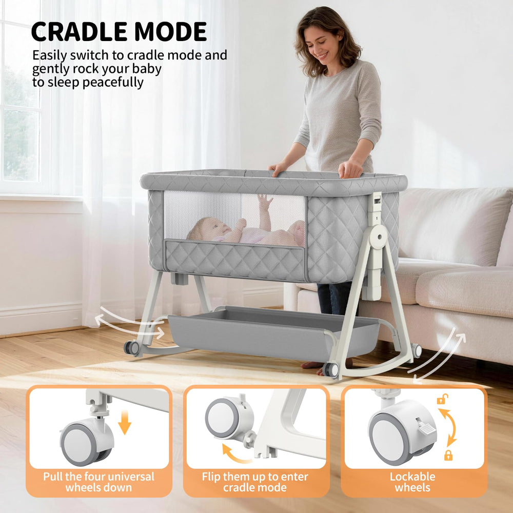 Pudult bassinet storage-basket keeps essentials within arm's reach.