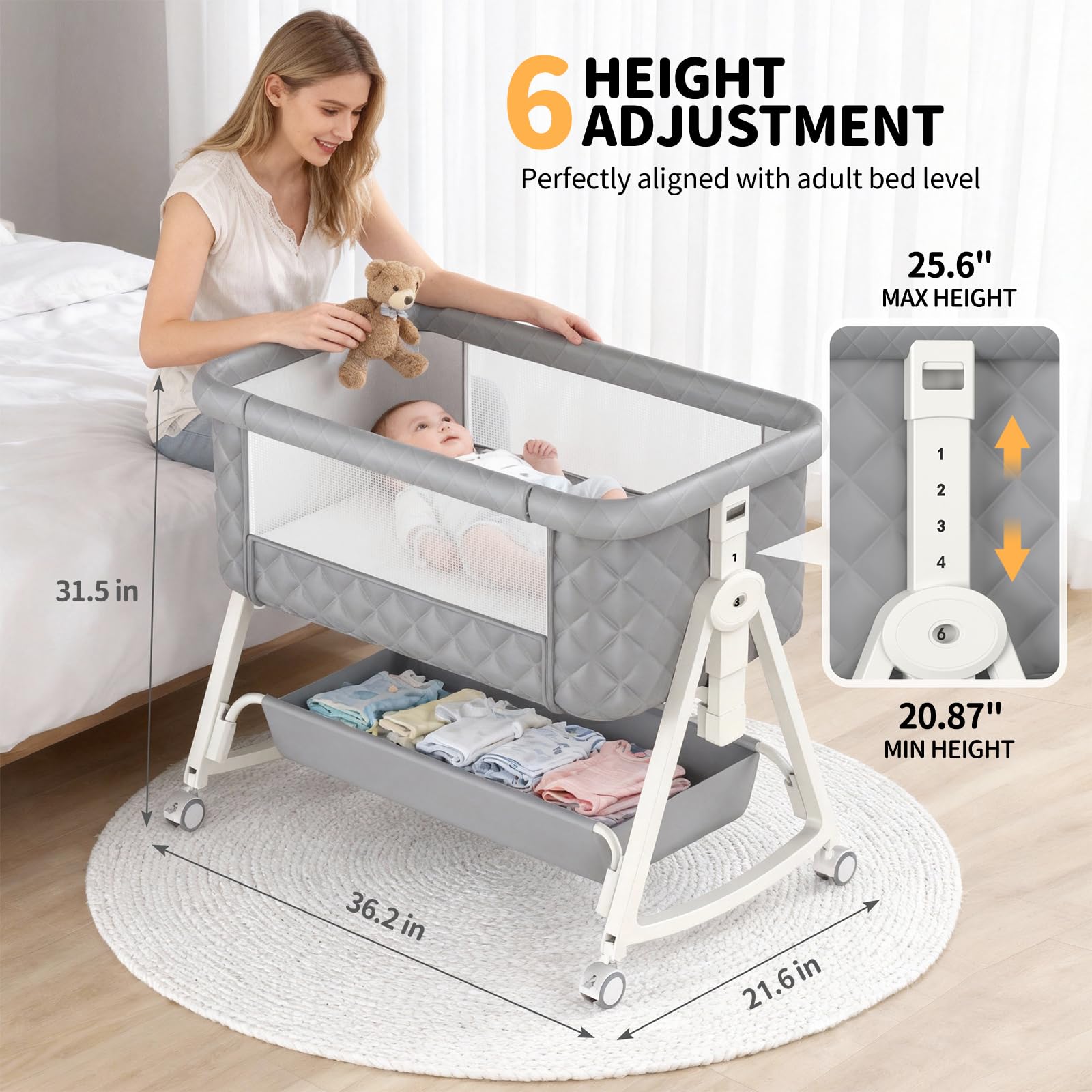 Pudult bassinet tilt-mode provides comfortable feeding position at night.