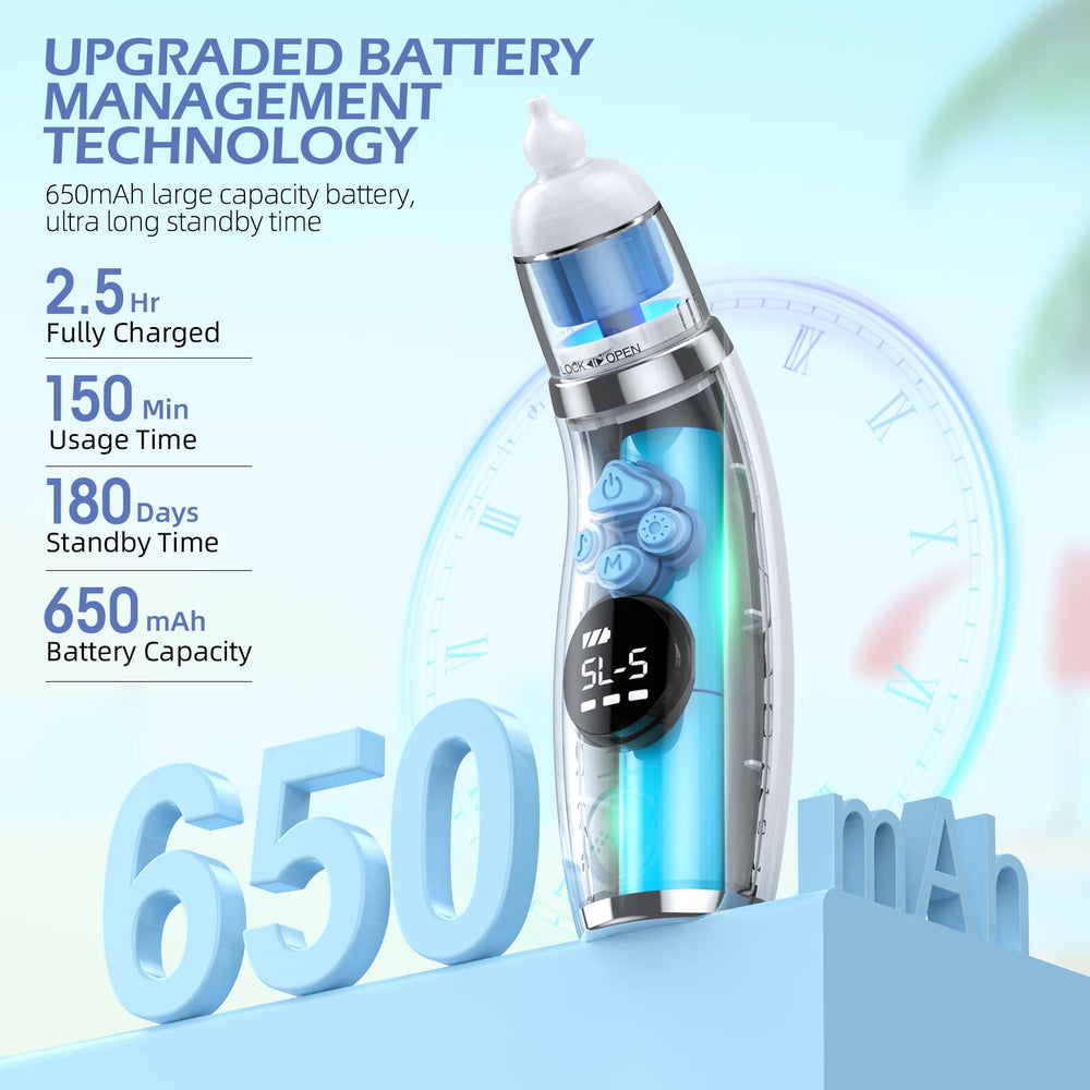 Pudult nasal aspirator battery lasts up to 2.5 days per charge.