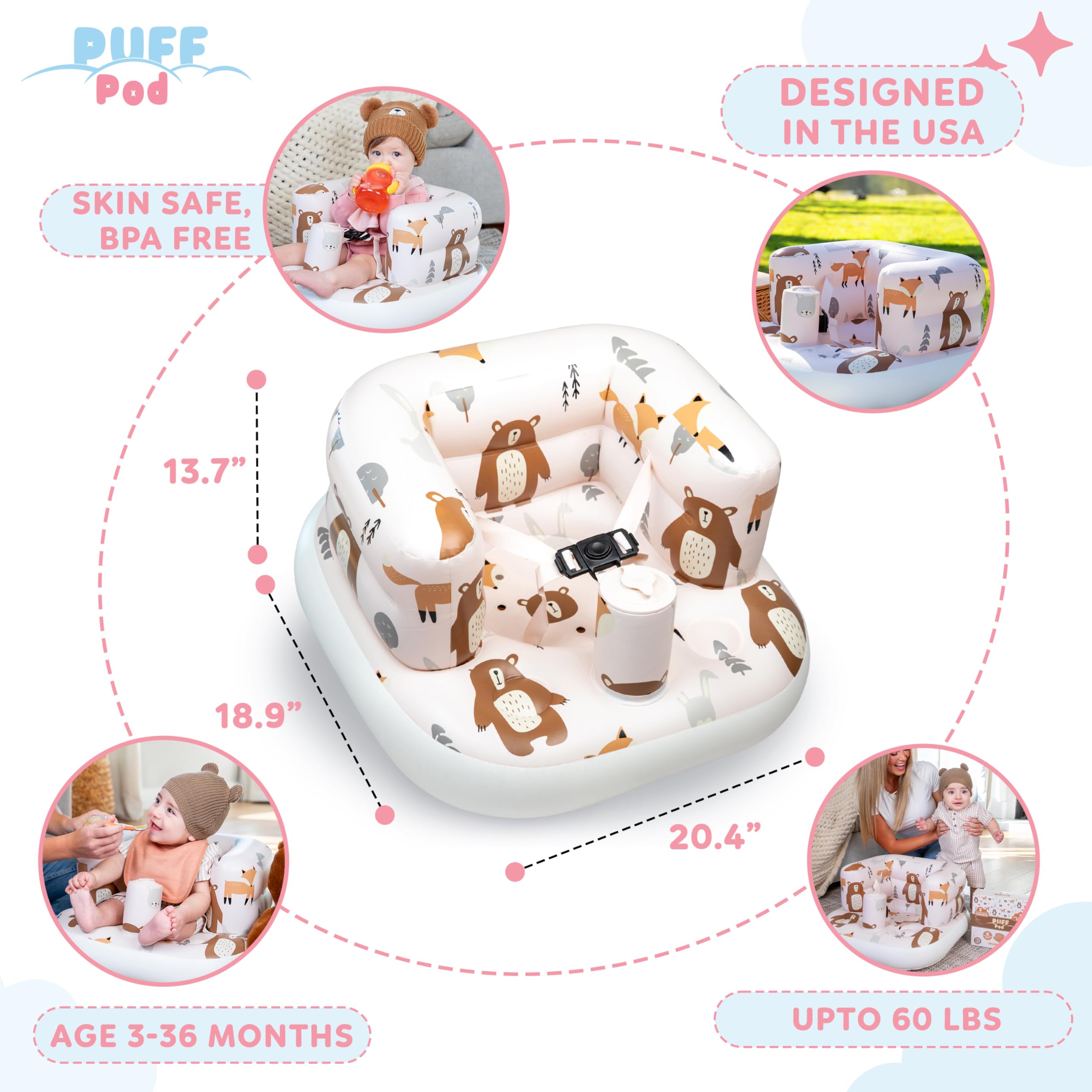 Puff Pod easy-clean material features wipe-clean surface after meals.