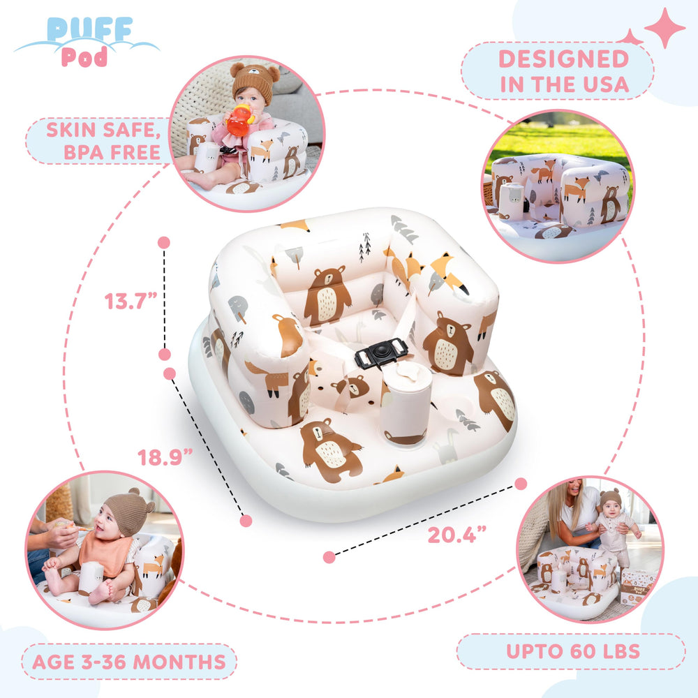 Puff Pod easy-clean material features wipe-clean surface after meals.