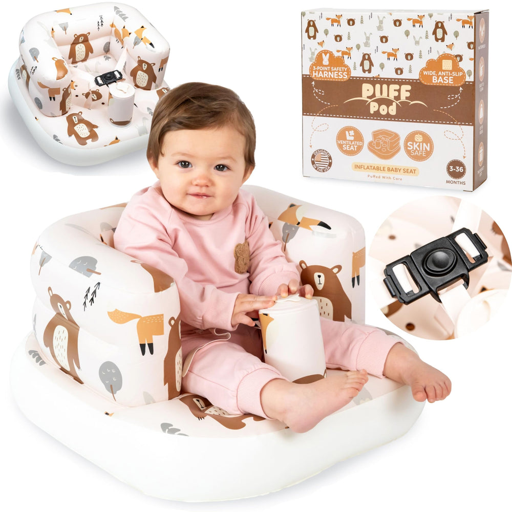 Puff Pod inflatable baby seat shown ready for quick travel setup.