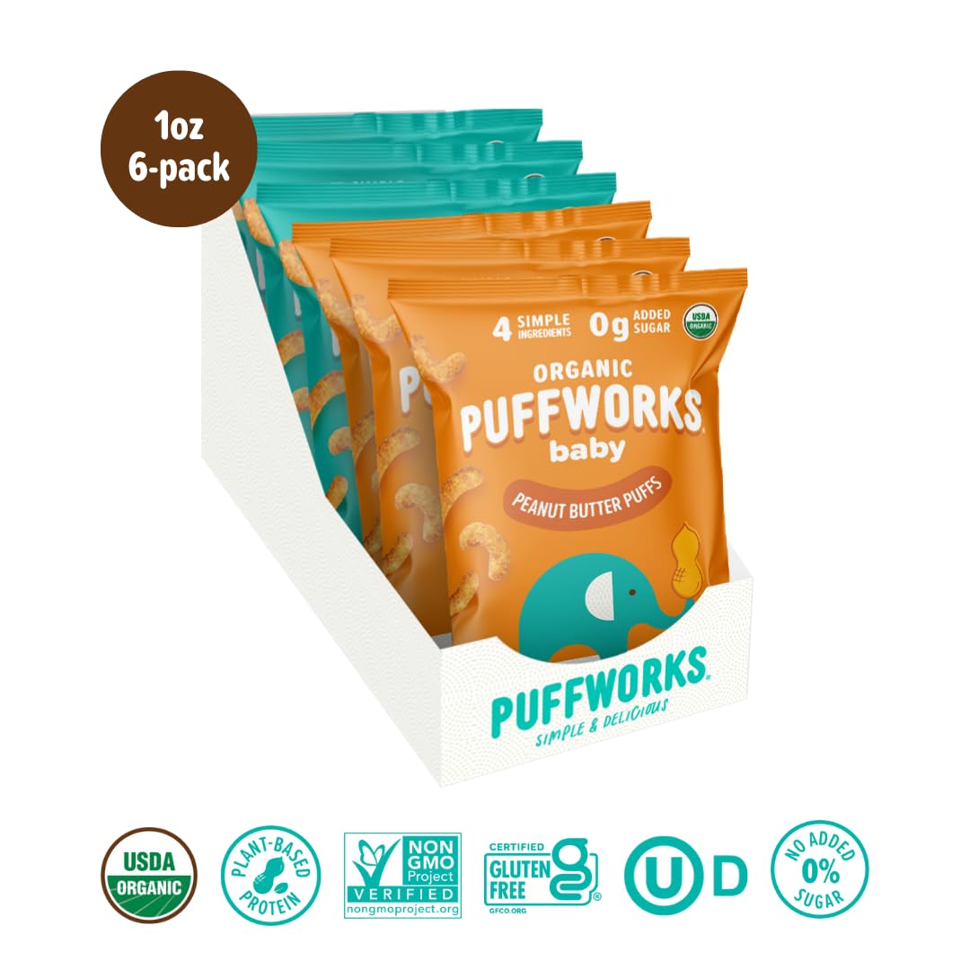 Puffworks baby almond puffs close up, easy to hold bite