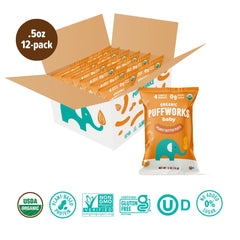 Puffworks Baby Organic Peanut Butter Puffs diaper-bag snack illustrates easy, mess-free feeding on the move.