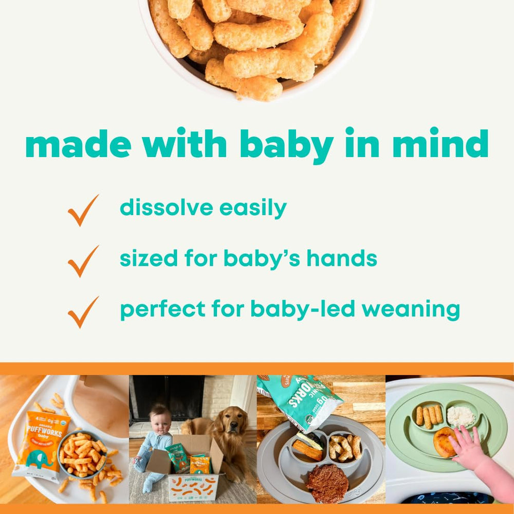 Puffworks Baby Organic Peanut Butter Puffs gluten-free badge signals allergy-friendly snacking options.