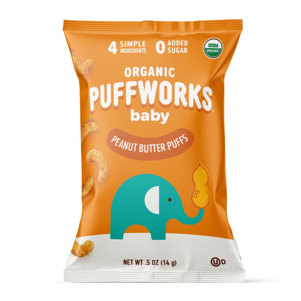 Puffworks Baby Organic Peanut Butter Puffs hero image highlights convenient on-the-go snacking.