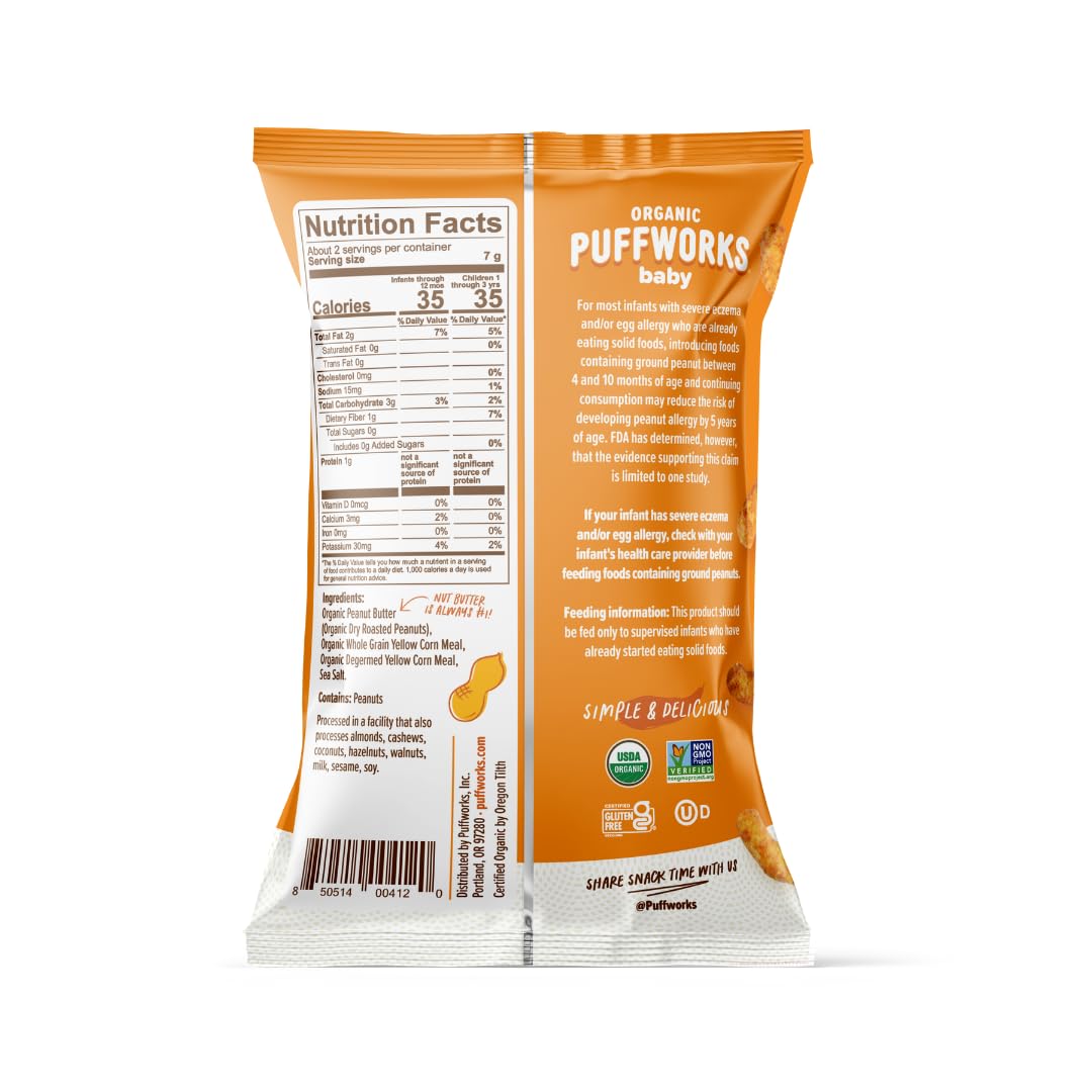 Puffworks Baby Organic Peanut Butter Puffs pack closeup emphasizes organic ingredients and kid-friendly packaging.