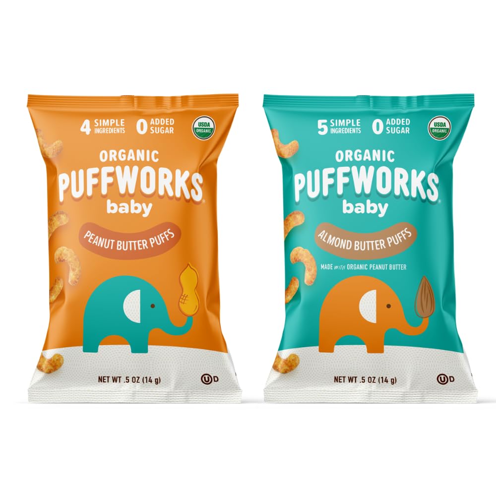 Puffworks Baby Variety Pack front view shows organic peanut and almond puffs for early introduction.