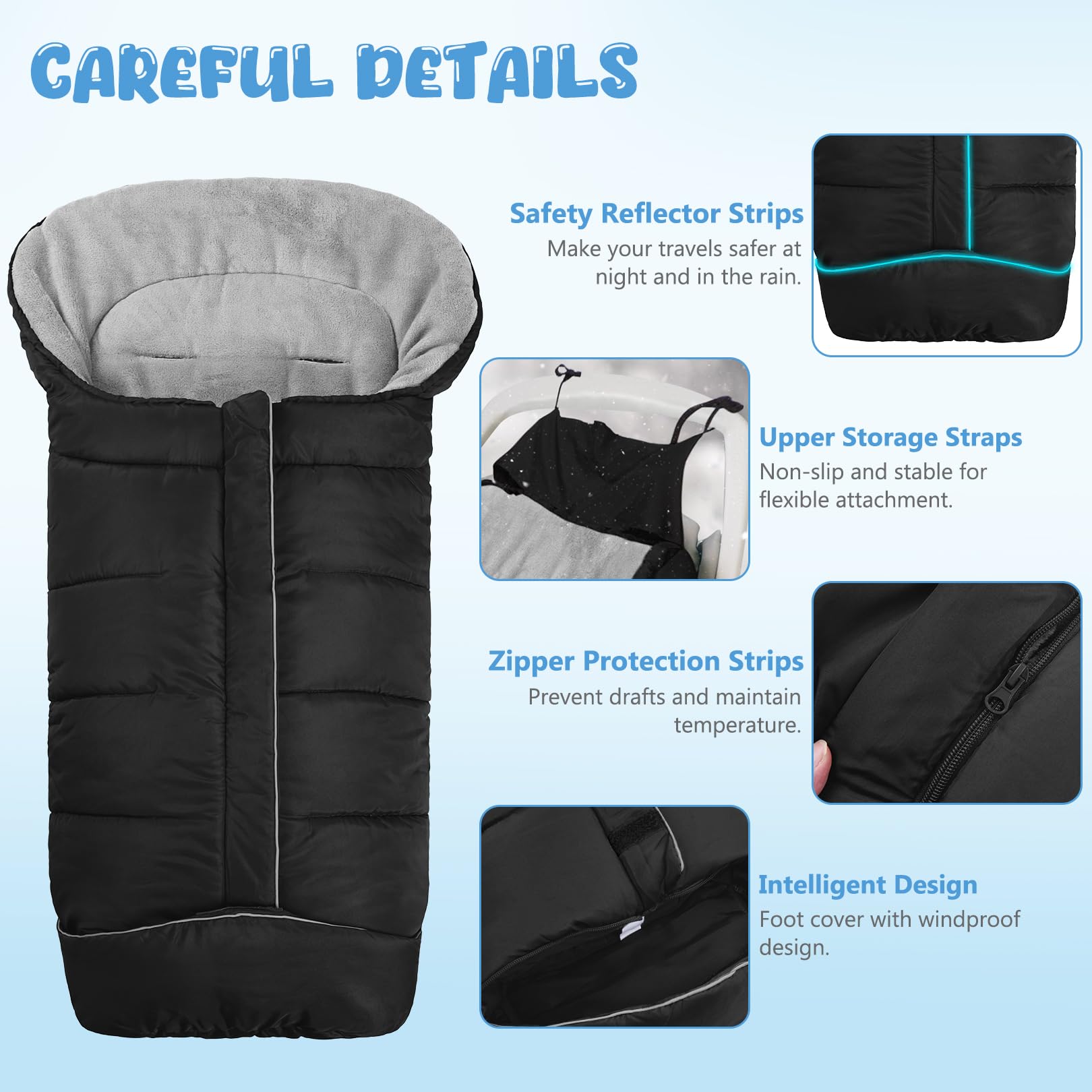 Pugwoy universal baby footmuff harness compatibility demonstrates secure, stroller-safe design.
