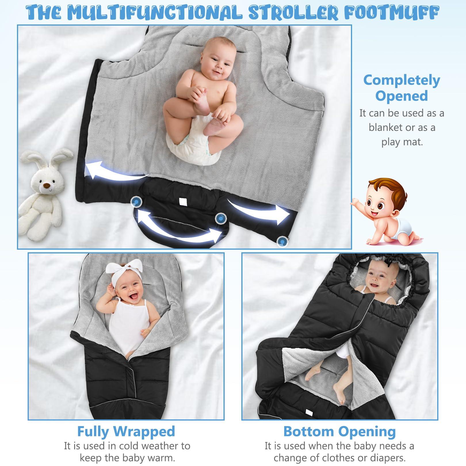 Pugwoy universal baby footmuff in-use outdoors shows secure fit during winter strolls.