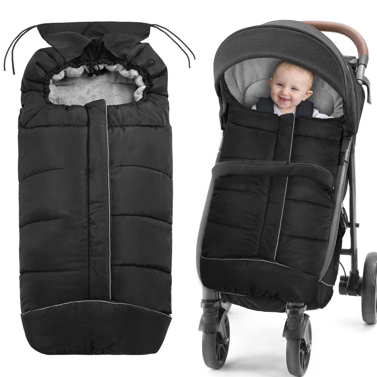 Pugwoy universal baby footmuff side view demonstrates stroller compatibility and cozy warmth.