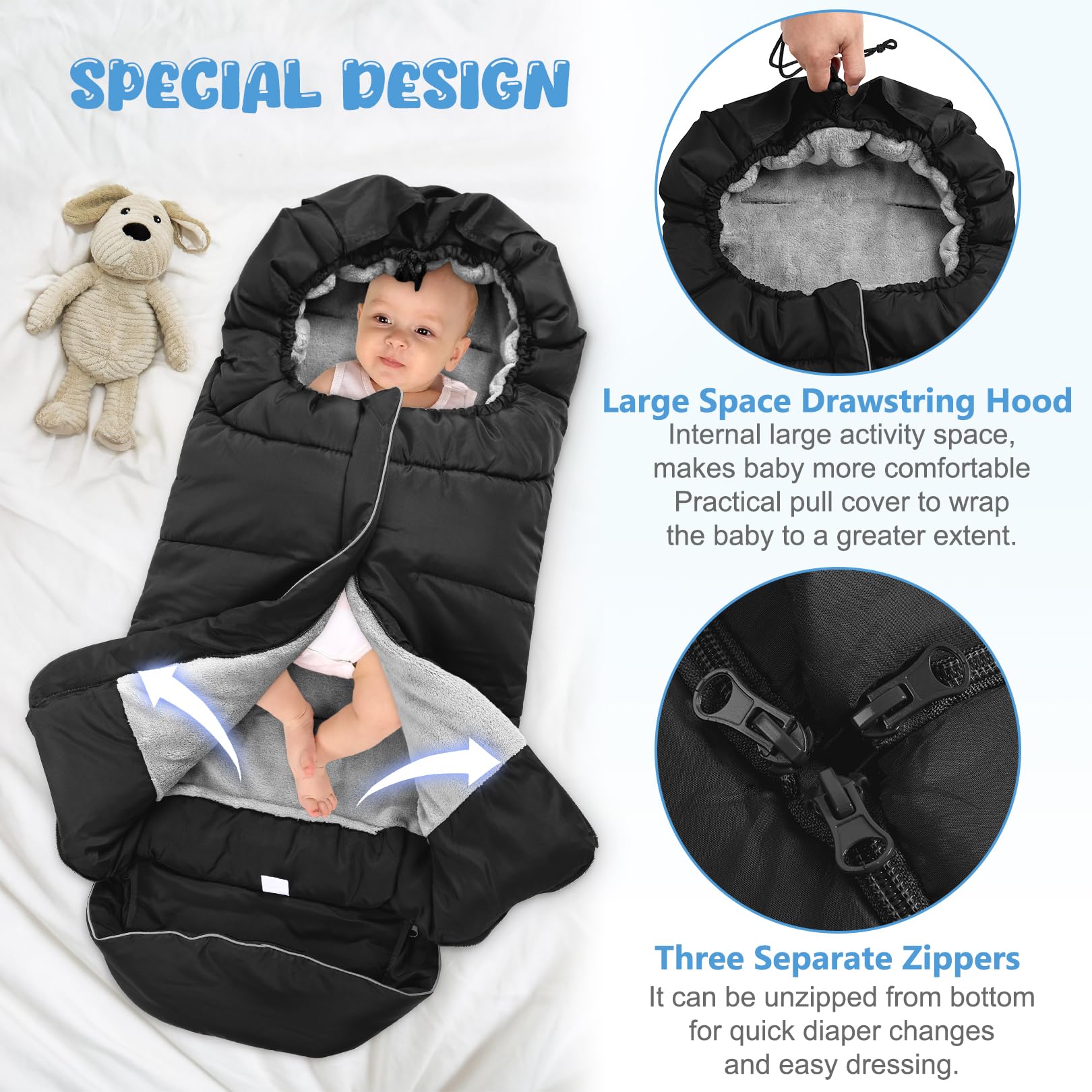 Pugwoy universal baby footmuff waterproof fabric highlights protection from rain and wind.