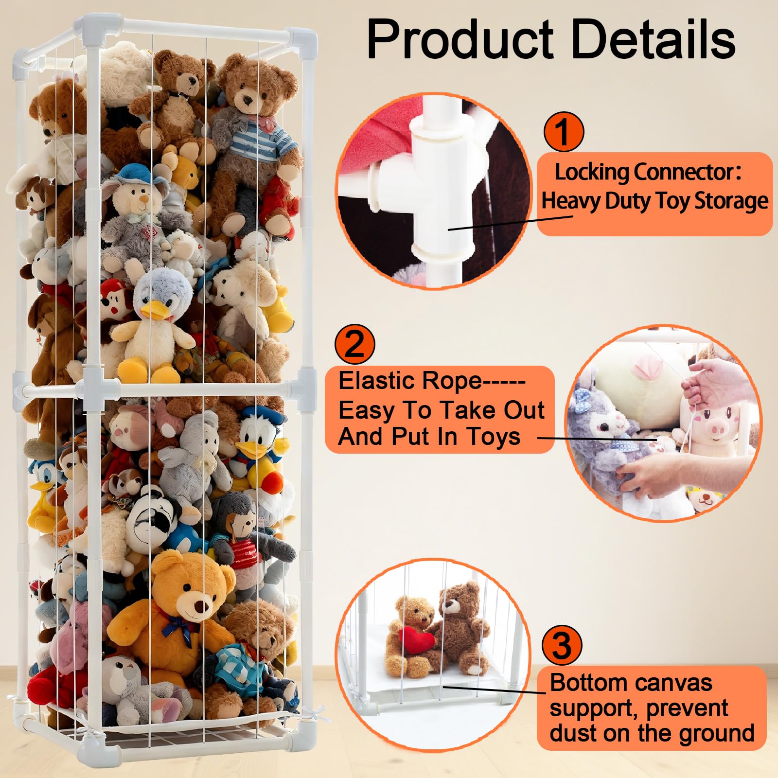 Puheca stuffed-animal-storage-tower in a kidroom showcasing vertical space saving.