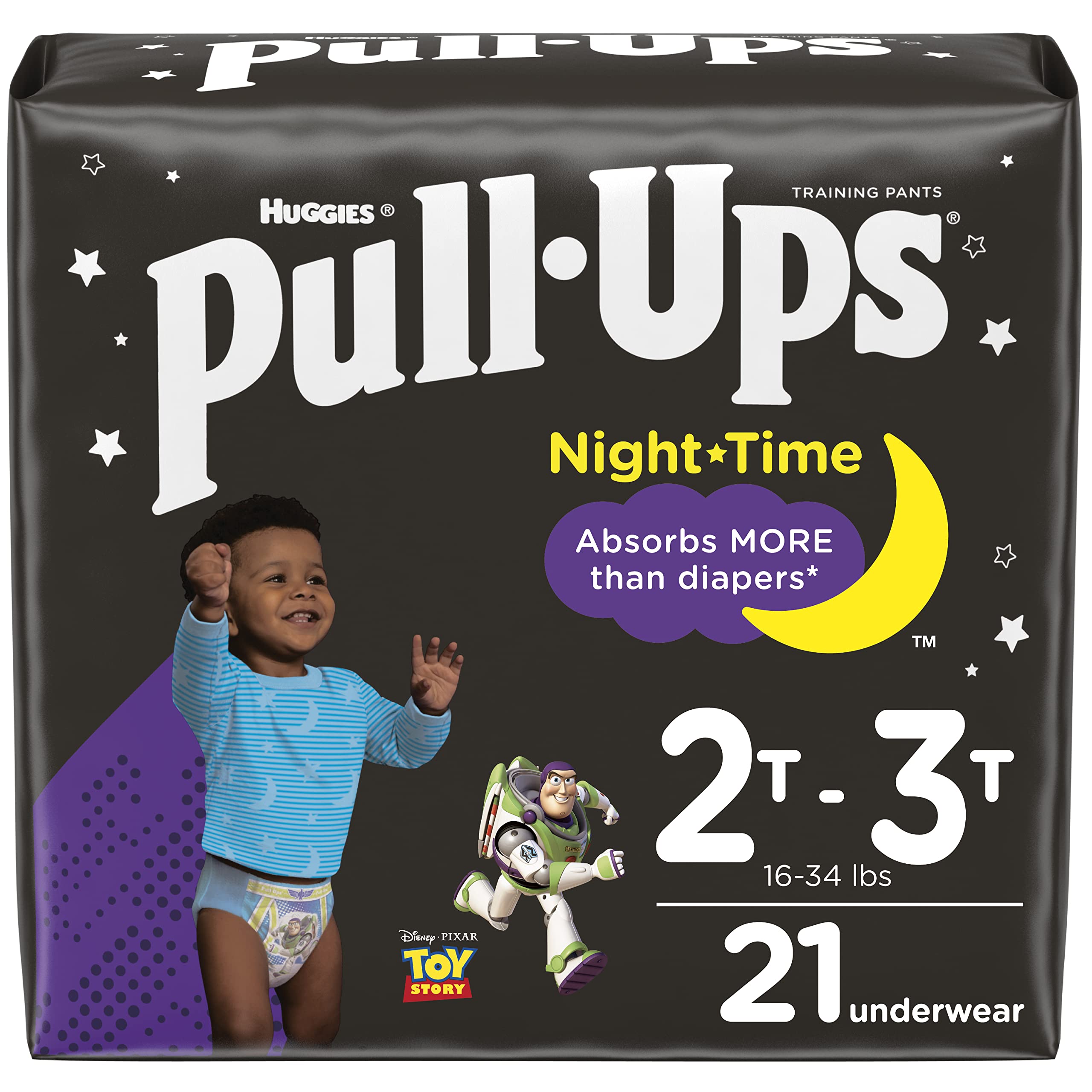 Pull-Ups Buzz Lightyear nighttime graphics encourage independent training.