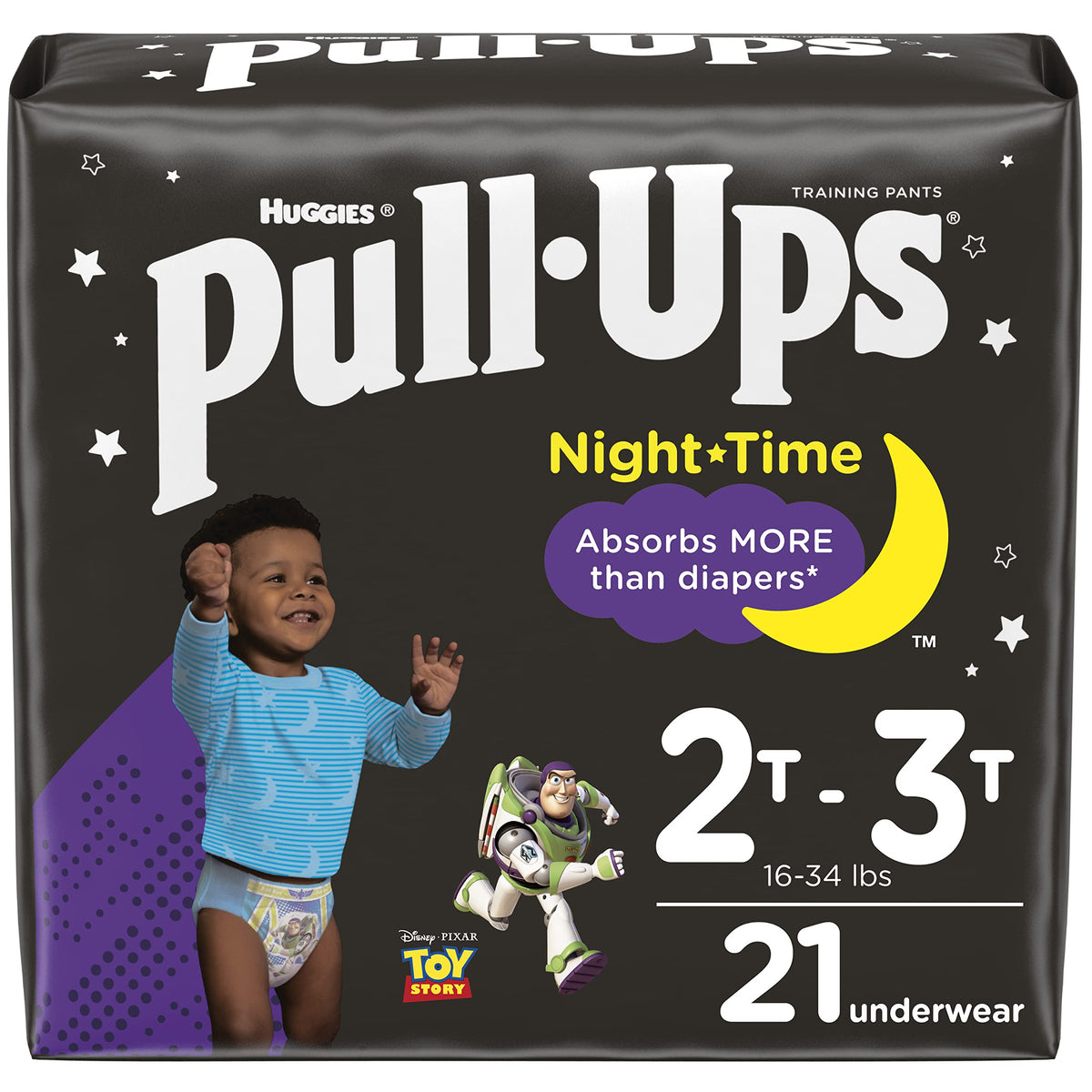 Pull-Ups Buzz Lightyear nighttime graphics encourage independent training.