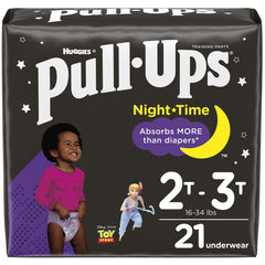 Pull-Ups girls' nighttime pants packaging highlights kid-friendly overnight design for easy changes.