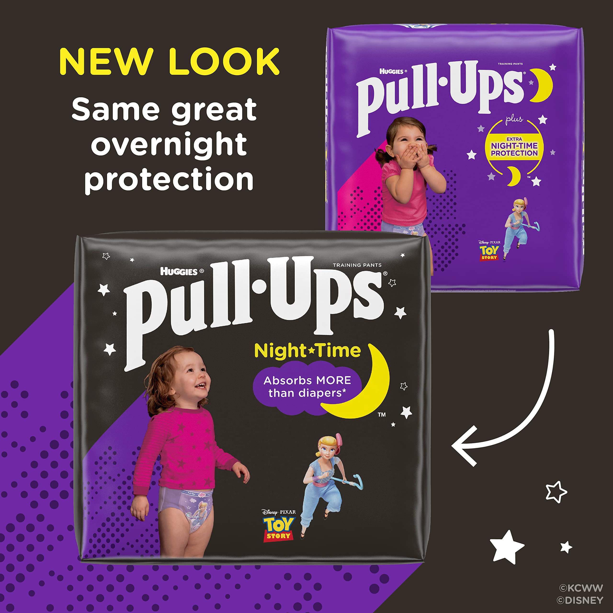 Pull-Ups nighttime pants absorbency 12 hours image emphasizes extended overnight protection.