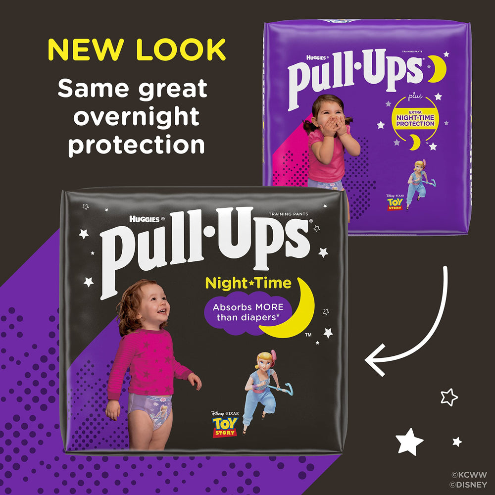 Pull-Ups nighttime pants absorbency 12 hours image emphasizes extended overnight protection.