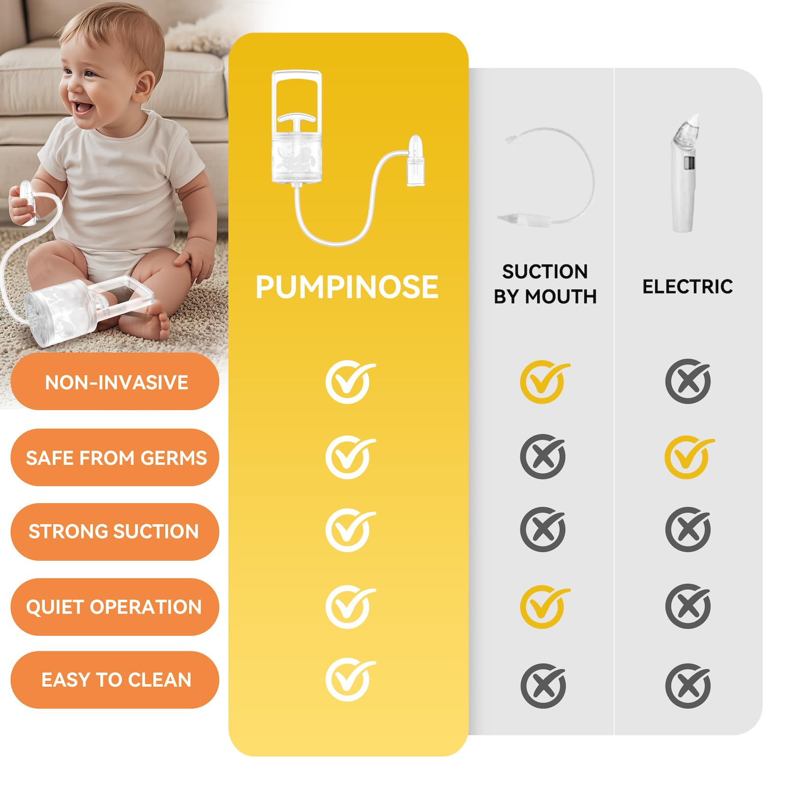 Pumpinose baby-use closeup shows safe, soft application on tiny nostrils.