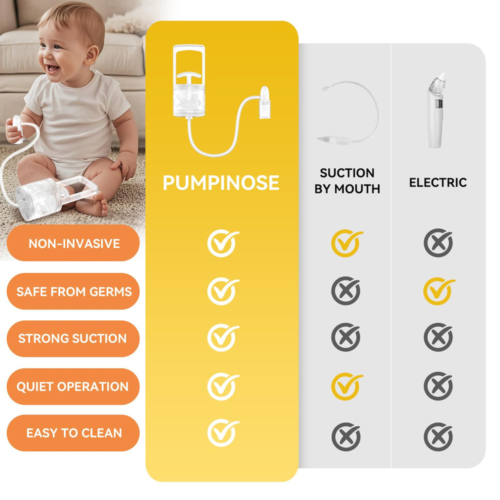 Pumpinose baby-use closeup shows safe, soft application on tiny nostrils.