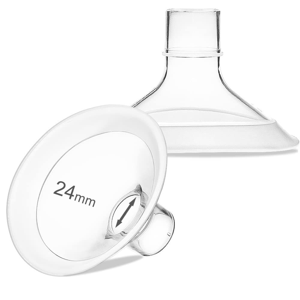 PumpMom-us 24mm oval flange breast shield showing Medela compatibility for comfortable pumping.