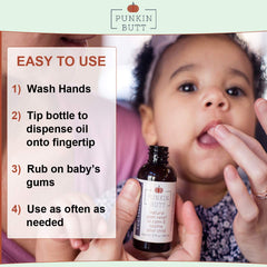 Punkin Butt teething oil baby smile after gum massage