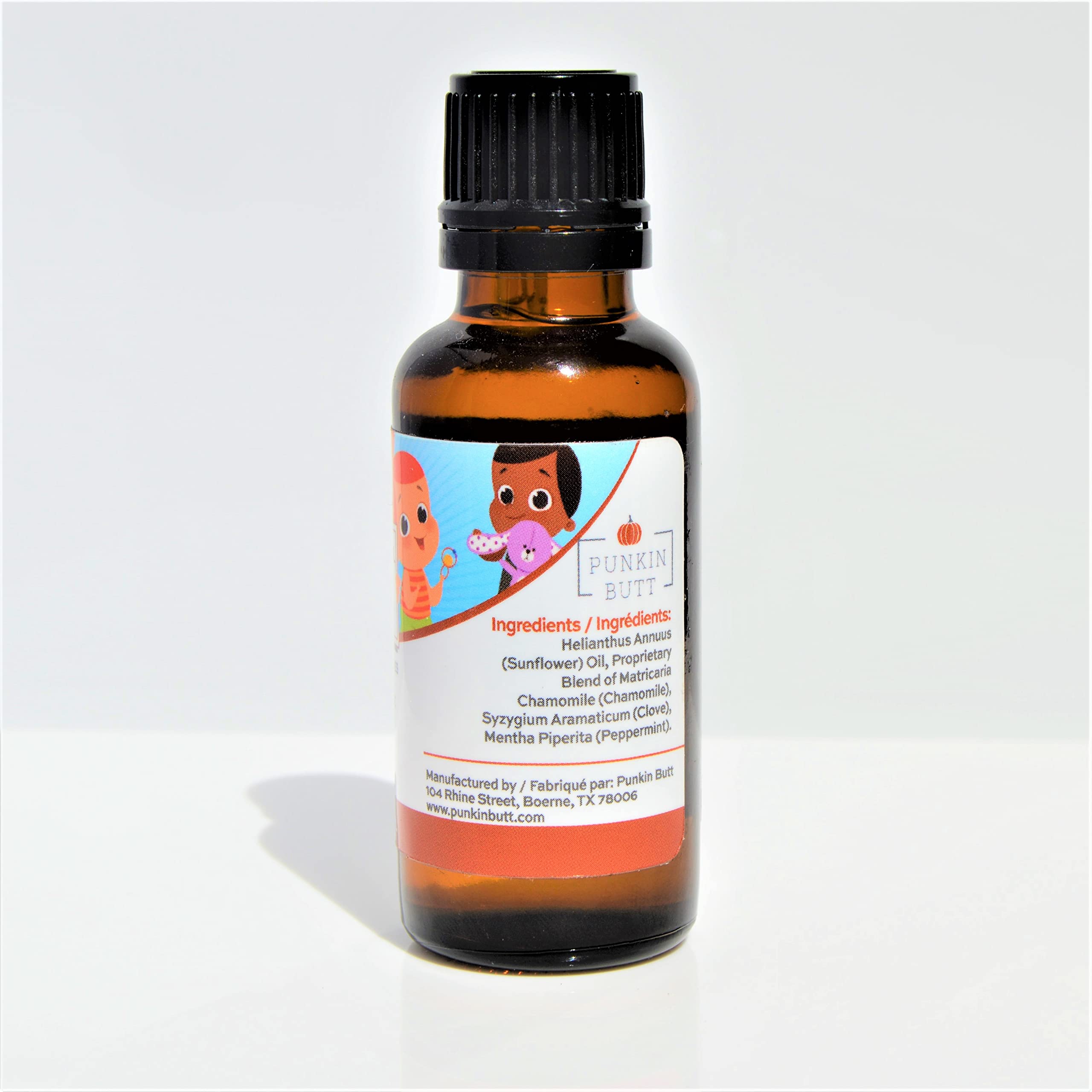 Punkin Butt teething oil bottle shown with easy finger dab application