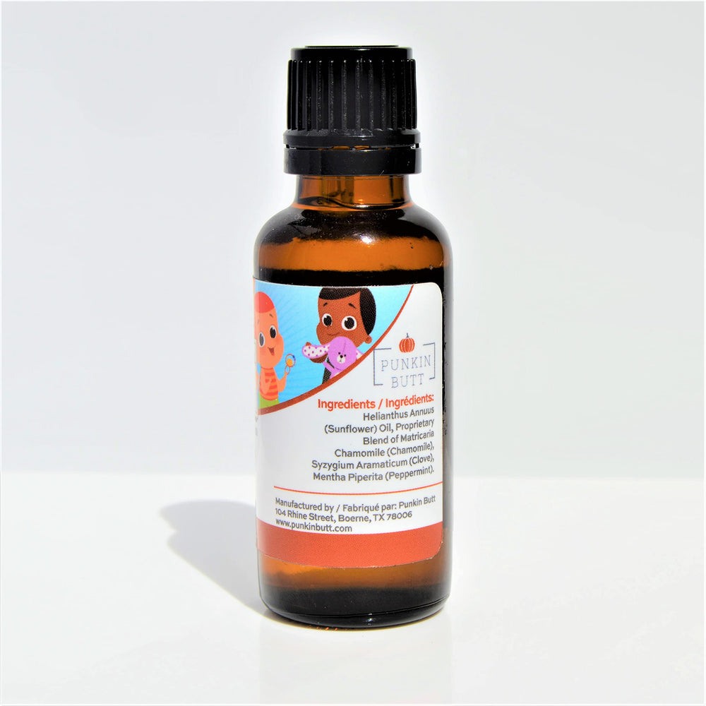 Punkin Butt teething oil bottle shown with easy finger dab application