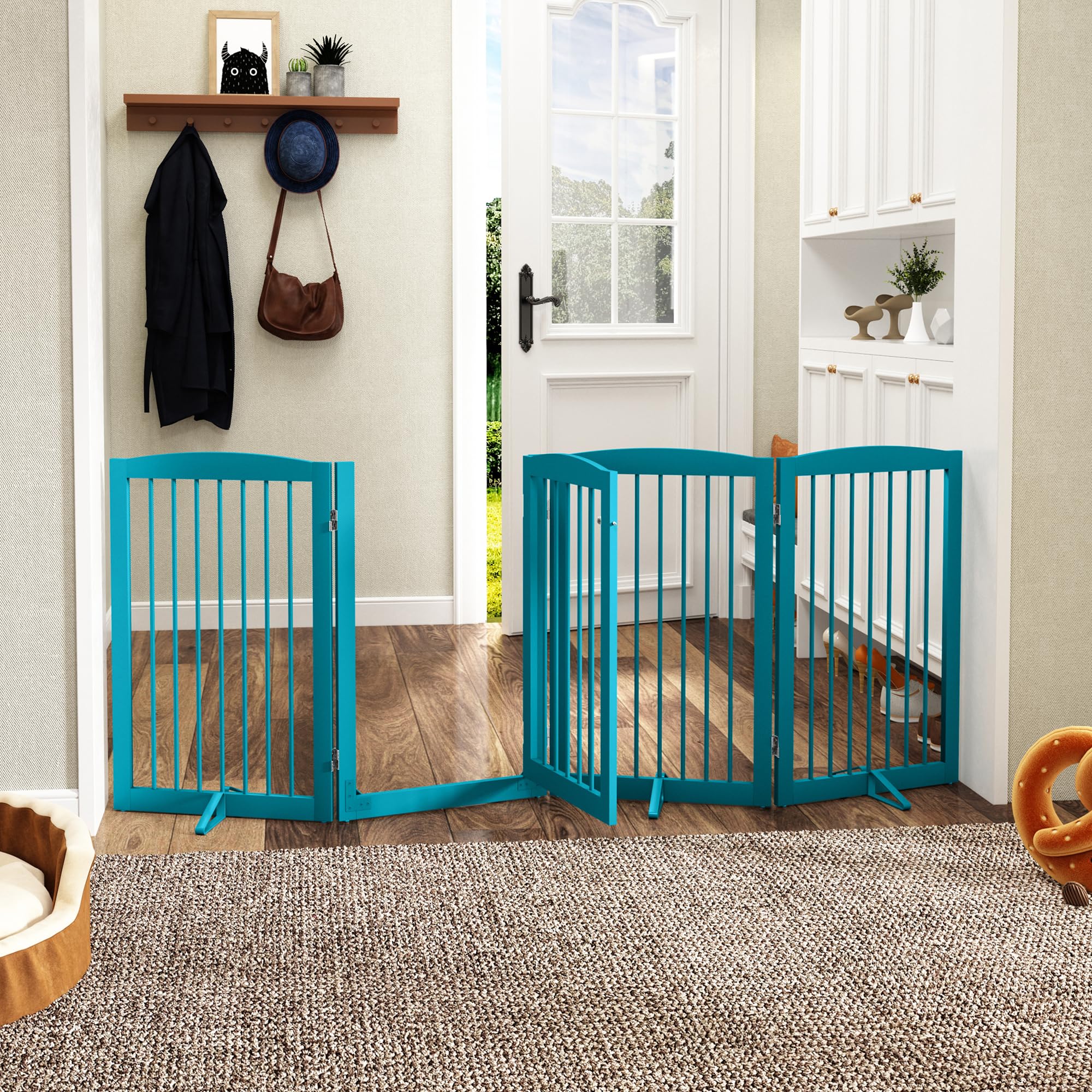 PUPETPO folding dog gates shown folded for compact indoor storage.