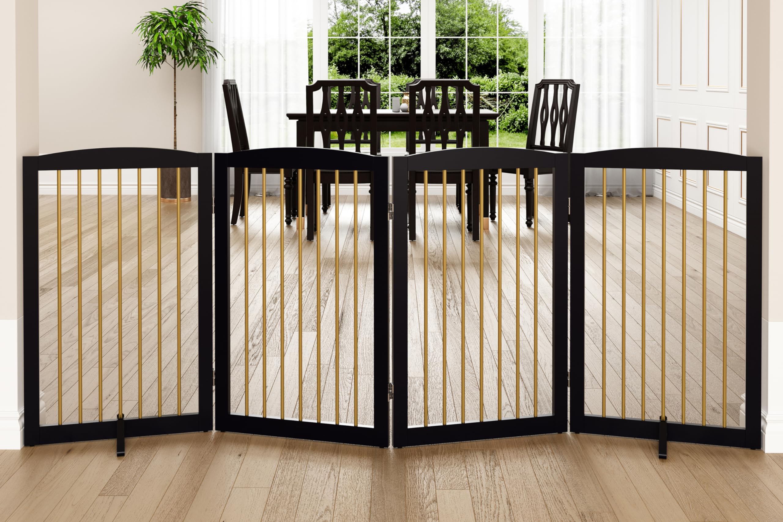 PUPETPO freestanding dog gate in fully assembled form shows quick setup and stable barrier.