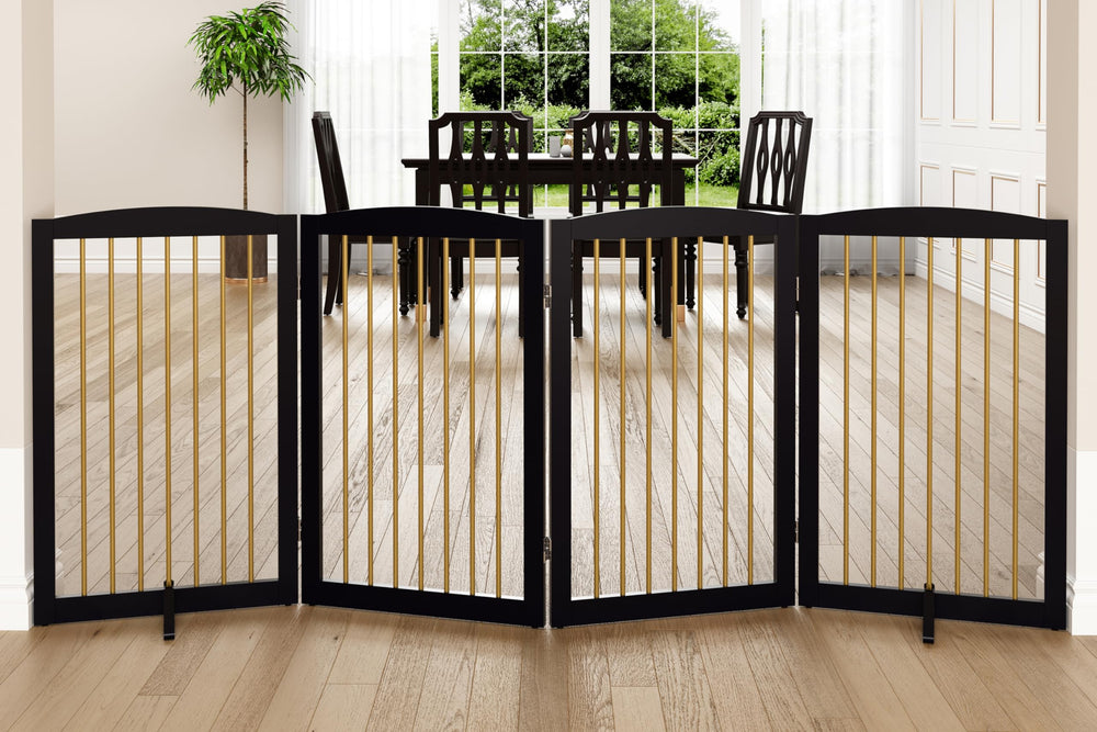 PUPETPO freestanding dog gate in fully assembled form shows quick setup and stable barrier.