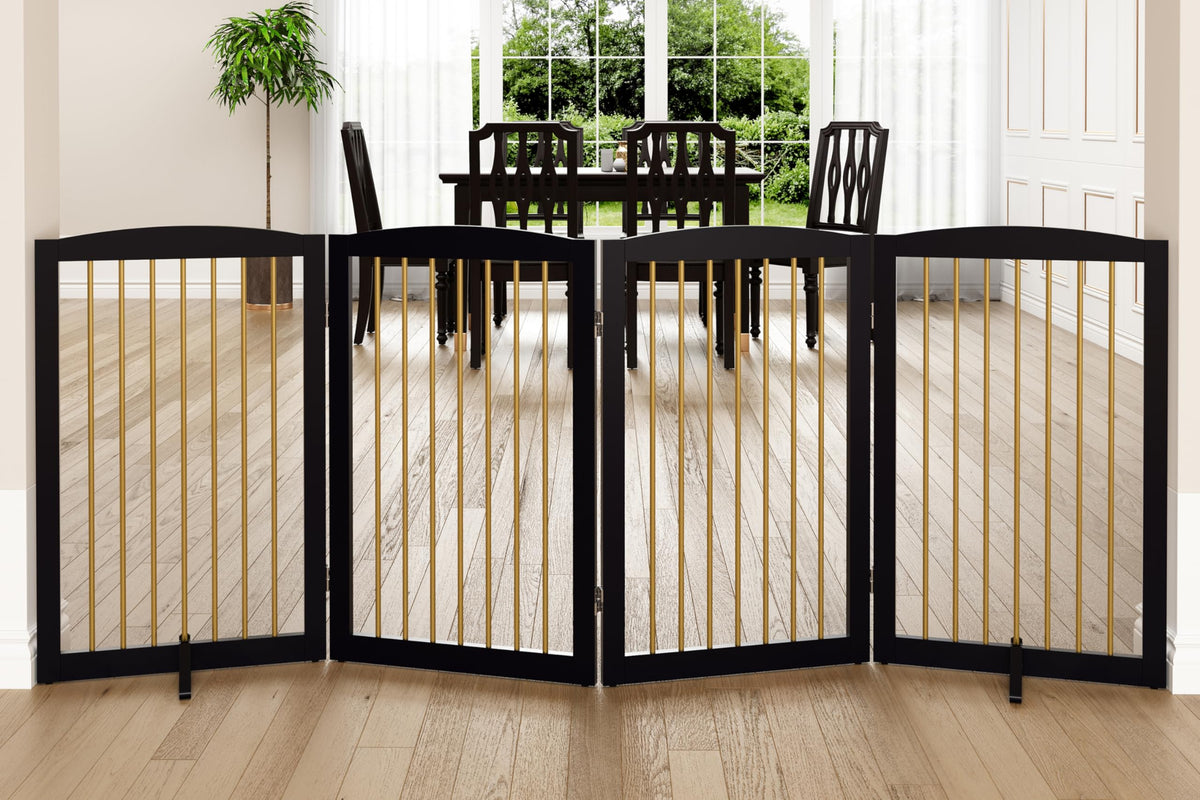PUPETPO freestanding dog gate in fully assembled form shows quick setup and stable barrier.
