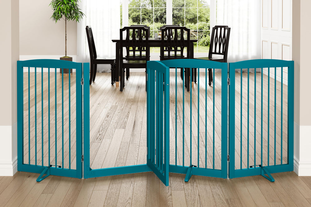 PUPETPO freestanding dog gates with walk-through door secured for easy passage.