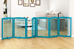 PUPETPO freestanding pet gate with walk-through door in blue for easy containment