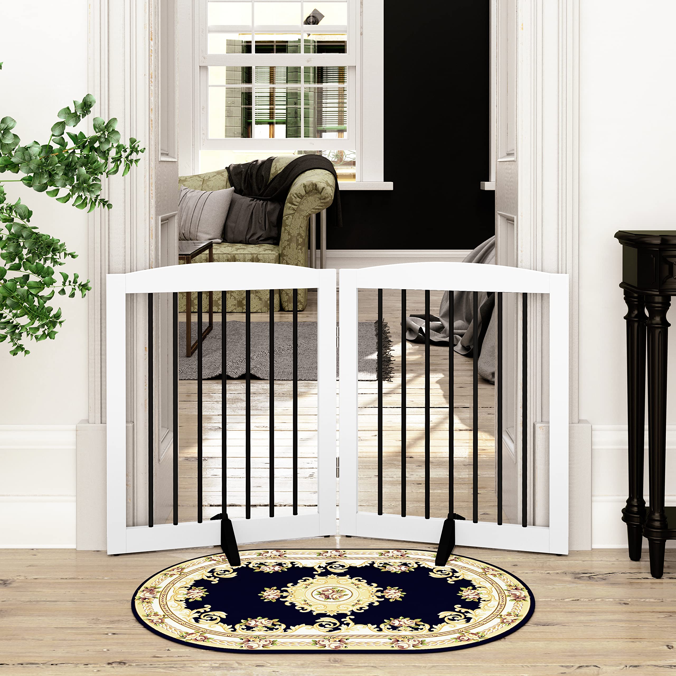 PUPETPO foldable dog gate folded for compact storage in closet.