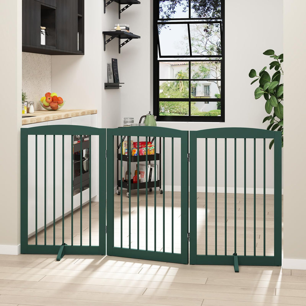PUPETPO folding wooden dog gate with 3 panels demonstrates versatile doorway use.