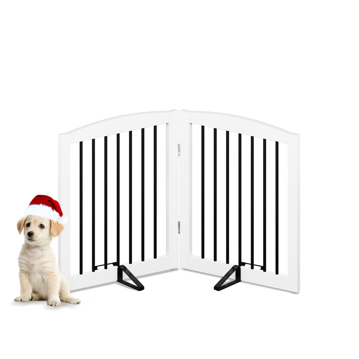 PUPETPO freestanding pet gate assembled in living room for safe dog barrier.