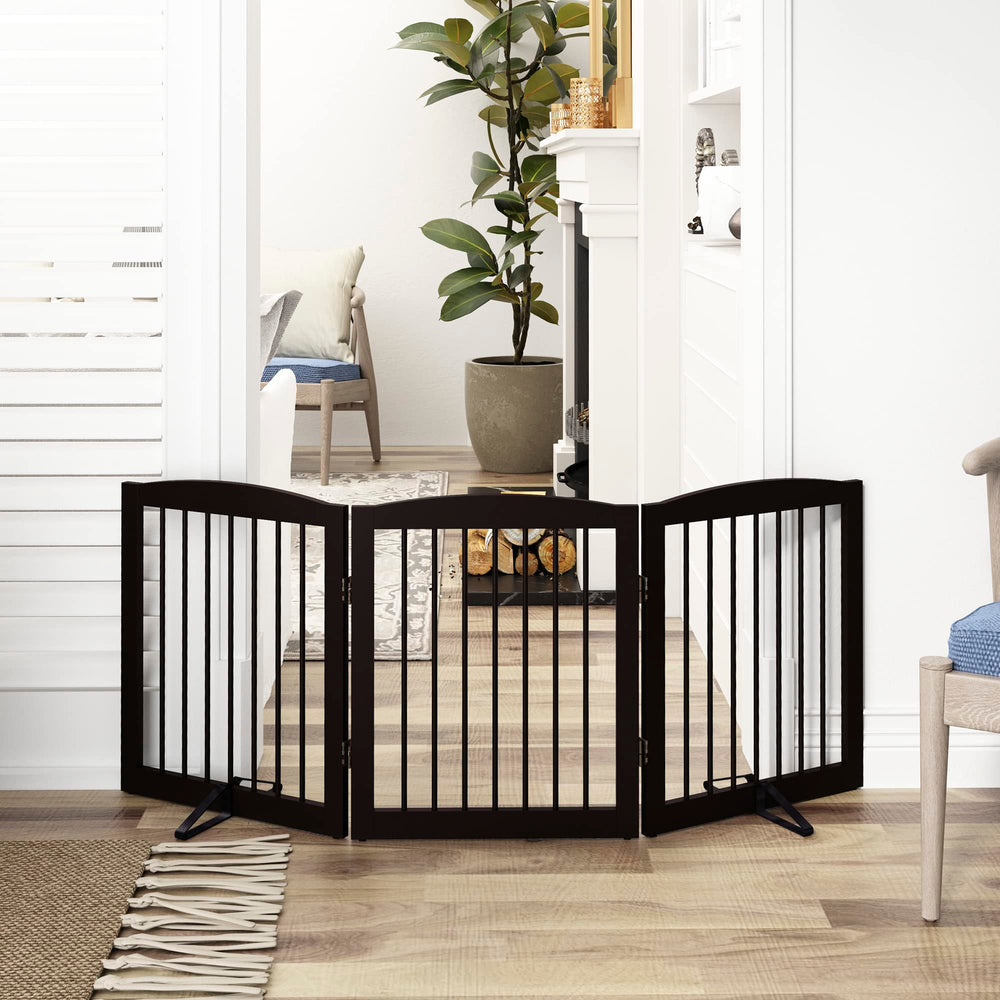 PUPETPO freestanding pet gate unfolded to create a doorway barrier
