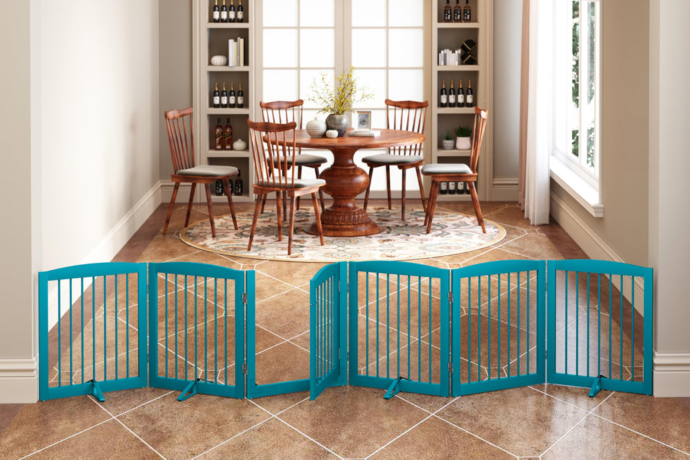 PUPETPO freestanding gate with walk-through door in blue for easy access and containment.